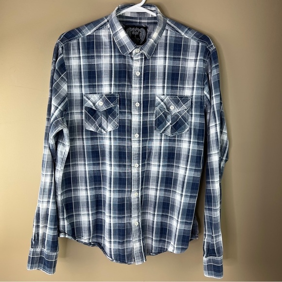 Men's Eighty Eight Blue Plaid  Western Button Down Shirt - Picture 2 of 9